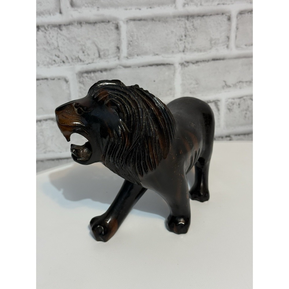 Black Ebony Wood Hand Carved African Roaring Lion Figurine Sculpture
